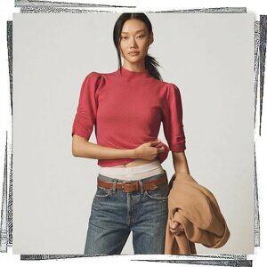 NWT: Bright Raspberry Wool/Cashmere Blend Puff Sleeve Mock Neck Sweater (M)